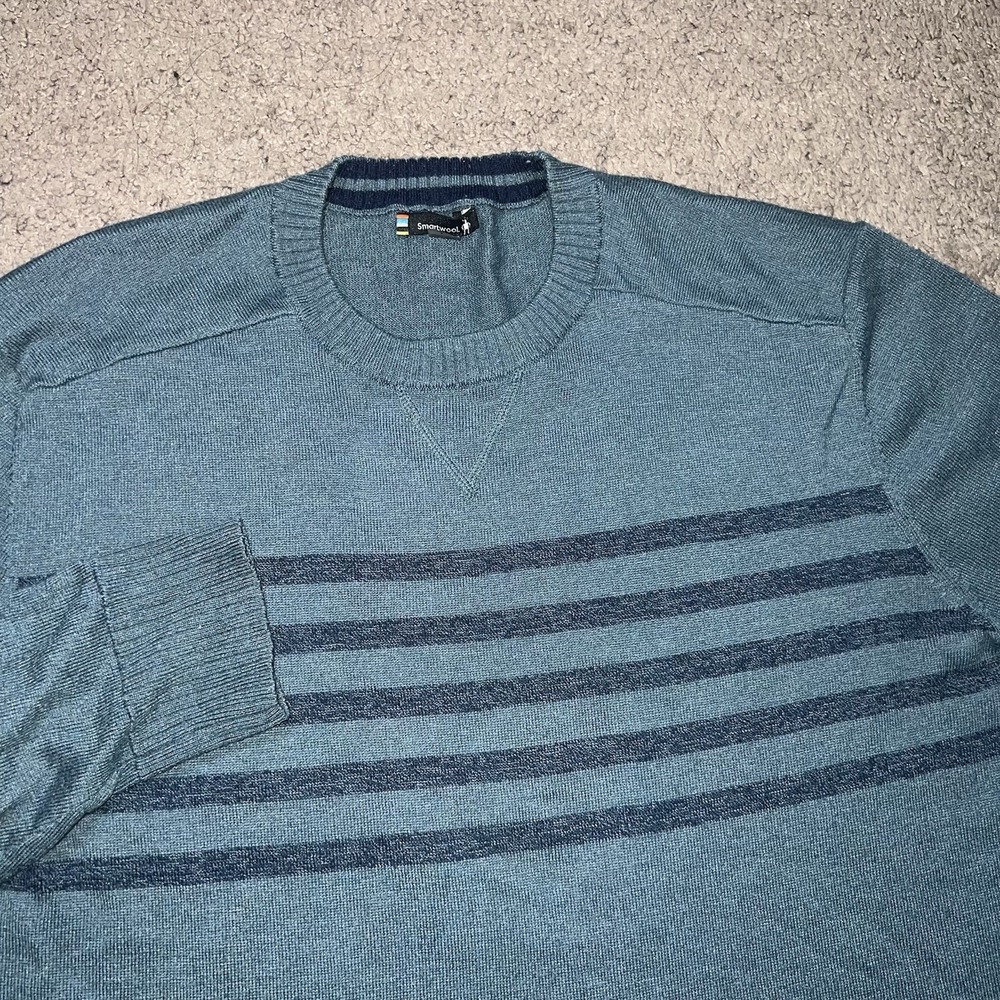 SmartWool Sweater Mens Large Teal Blue Sparwood Stripe Crew Merino Wool‎ Blend